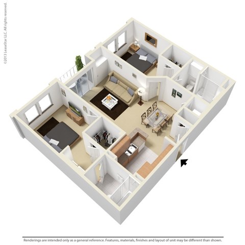 Floor plan for 2 beds, 2 baths, 978 sqft